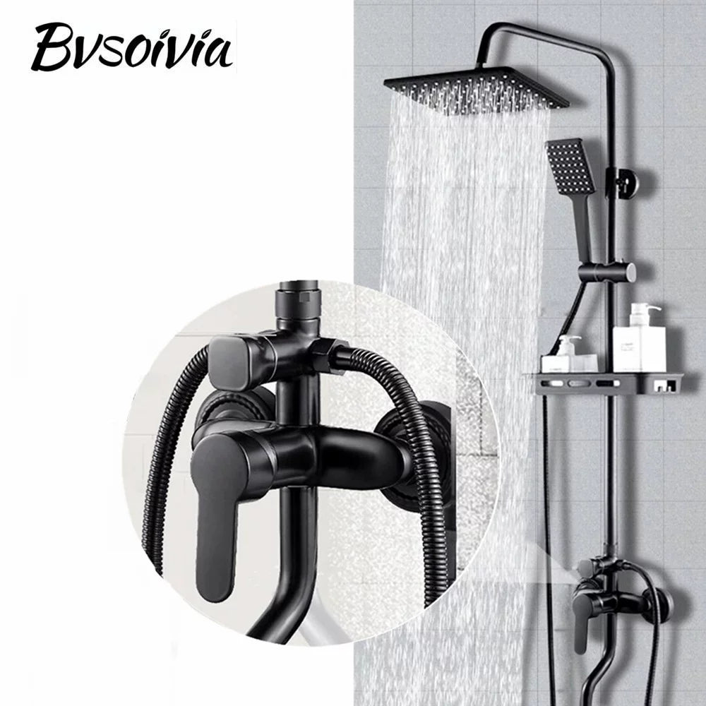 BVSOIVIA 3 IN 1 Bathroom Shower Faucet Rainfall Shower Set Matte Black Wall Mount Bathtub Shower Mixer Tap Shower System with Shelf