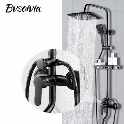 BVSOIVIA 3 IN 1 Bathroom Shower Faucet Rainfall Shower Set Matte Black Wall Mount Bathtub Shower Mixer Tap Shower System with Shelf