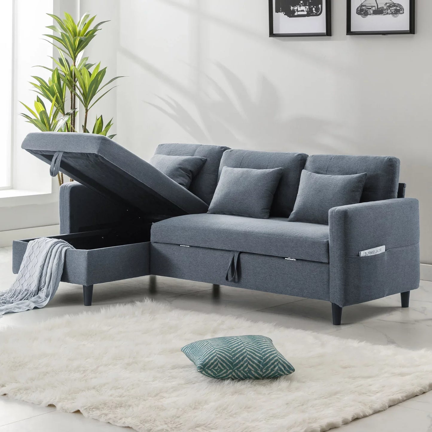 Mjkone Pull Out Sofa Bed, Convertible Sleeper Sofa with 3 Free Cushions, L Shaped Sofa Couch with Storage Chaise, Linen Fabric Sectional Couch Bed with 4 Storable Pockets for Living Room (Grey)