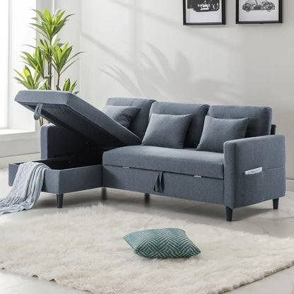 Mjkone Pull Out Sofa Bed, Convertible Sleeper Sofa with 3 Free Cushions, L Shaped Sofa Couch with Storage Chaise, Linen Fabric Sectional Couch Bed with 4 Storable Pockets for Living Room (Grey)