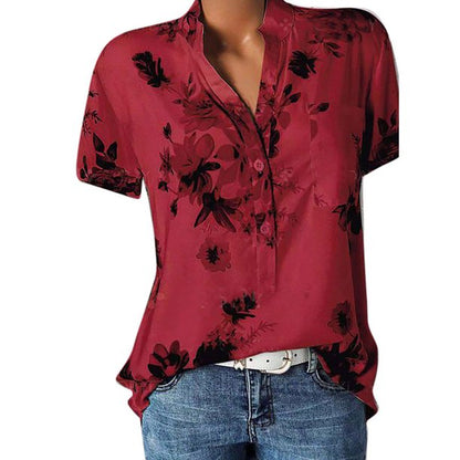 Womens Tops Women's Casual Printed V-neck Short-Sleeved Shirt Pullover Loose Blouse Tops L