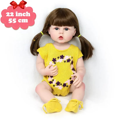 Reborn Baby Girl Dolls, 22 inch/55cm Realistic Soft Lifelike Full Body Reborn Toddler Girl Dolls with Yellow Sweater, for Ages 3+