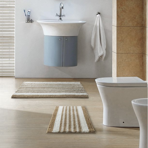 Ultra Soft Chenille Bathroom Rug, Dry Fast Non Slip Bathmat, Off White 17 x 24 + 20 x 30 inches，2 Pack