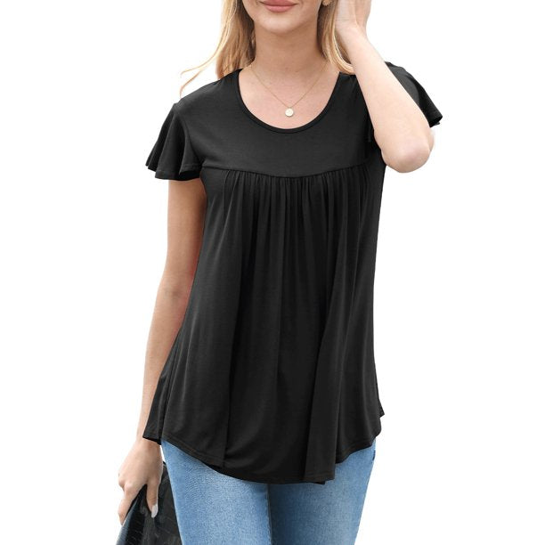 QINCAO Womens Tops Floral Ruffle Short Sleeve O Neck Loose Ladies Tops Shirts Blouses for Women,2XL(20-22)