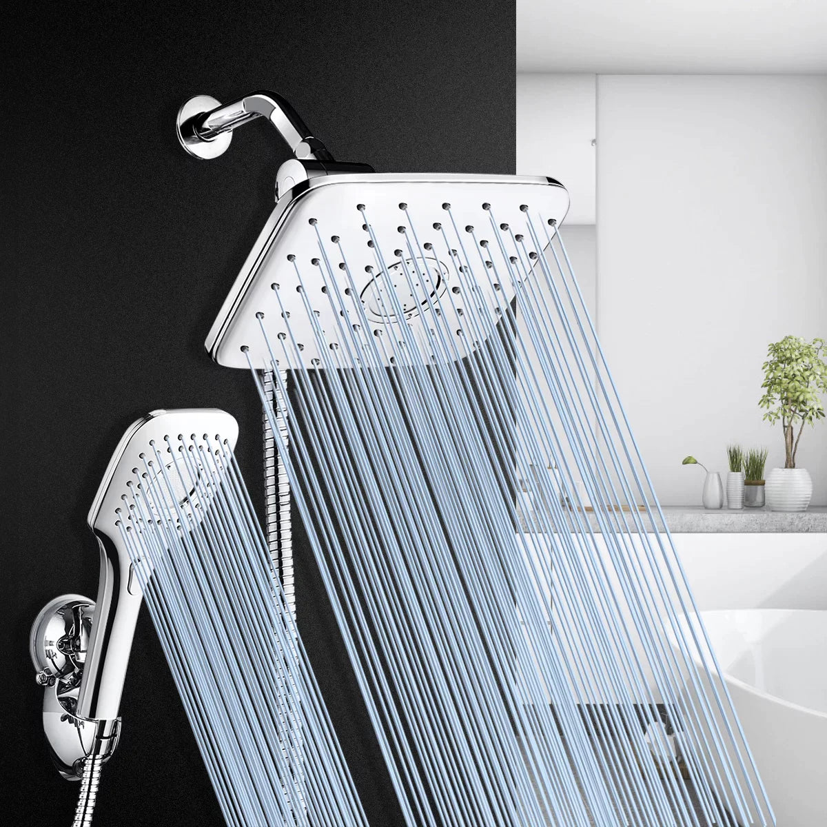 Adjustable Rainfall Shower Head Combo, Handheld with Strong Suction Cup Holder 3-Way Water Diverter 1.5M Hose
