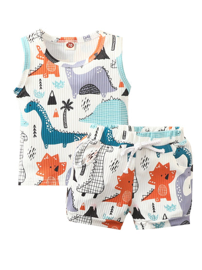 jaweiwi Infant Baby Summer Clothes for Boys, 3M 6M 12M 18M 24M 3T Toddler Dinosaur Print Outfits Crew Neck Sleeveless Tank Tops and Elastic Waist Shorts 2Pcs Suit