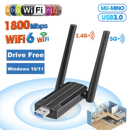 Doosl USB WiFi Adapter for PC, AX1800 USB 3.0 Wireless WiFi 6 Adapter for Desktop PC with 5G/2.4G High Gain Antenna, Drive Free 1800Mbps Dual Band WiFi Dongle, PC WiFi Adapter Only Support Win10/11