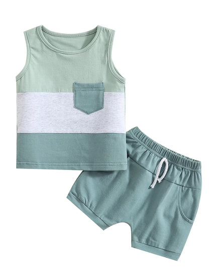 jaweiw Baby Boy Summer T shirt Shorts Outfits Set Patchwork Sleeveless Crew Neck Tank Tops Solid Shorts with Pockets,Size 0 6 12 18 24 M