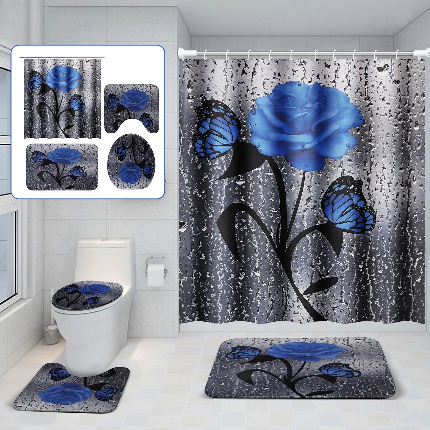 BSHAPPLUS 4Pcs 71x79in Blue Rose Shower Curtains with Large Rugs Set, Waterproof Bath Curtain+12 Hooks, Non-Slip Pad, Toilet Lid Cover and U-shape Mat for Home Hotel Bathroom Decor