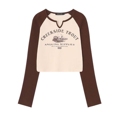 Women's Shoulder Long Sleeve Crop Toptrend Retro Girls Bare Midriff,Apricot S