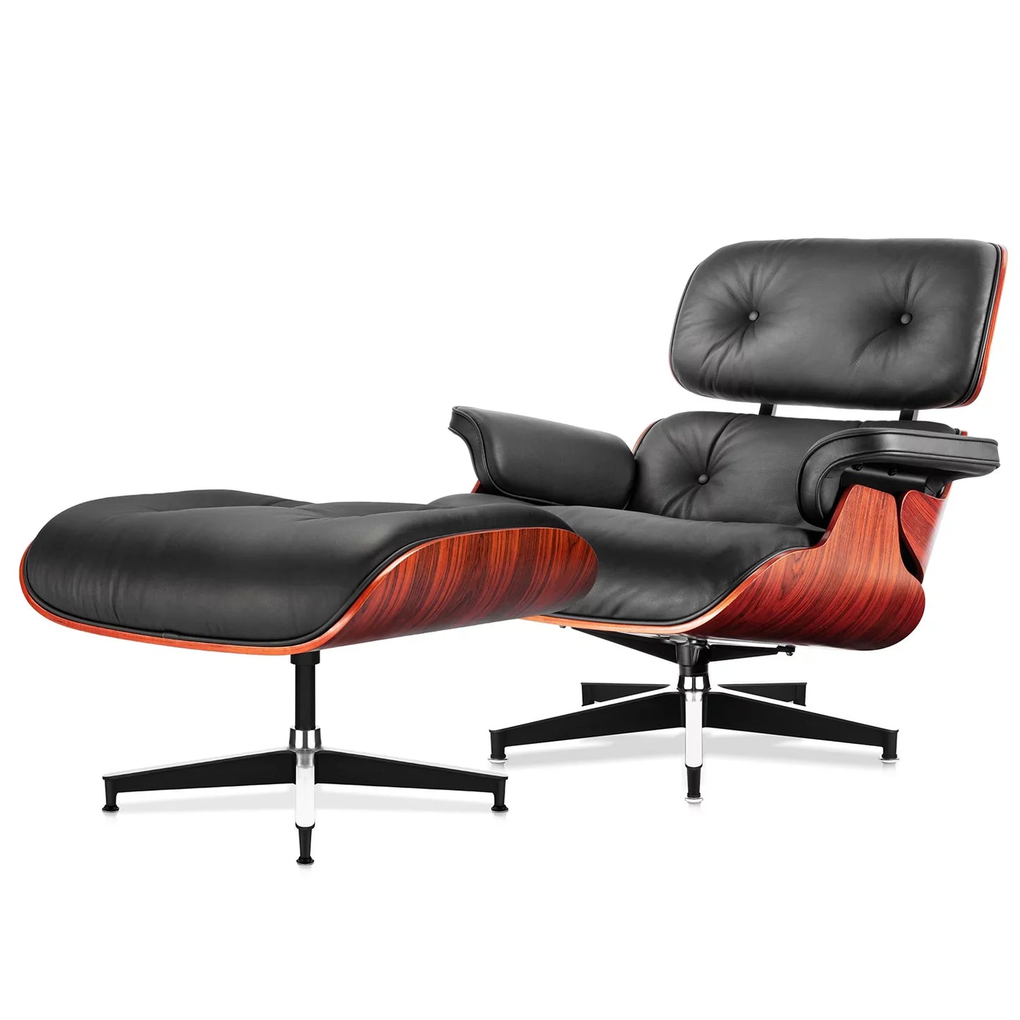 Mid Century Accent Chair and Ottoman Reclining Lounge Chair Upholstered Modern Armchair w/Dark Rosewood Frame,Metal Legs,Black