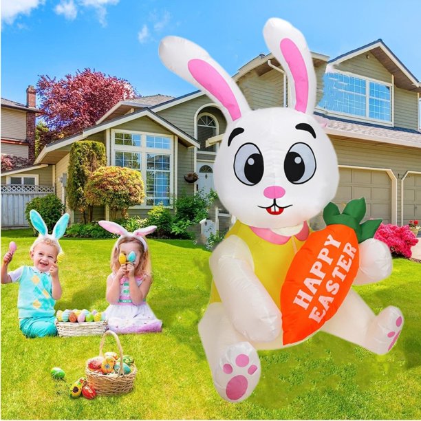 Melliful Easter Inflatable, 5ft Glowing Sitting Easter Bunny Holding Carrot, Cute Rabbit Blow Up for Holiday Party Yard Lawn Garden Outdoor Easter Decoration