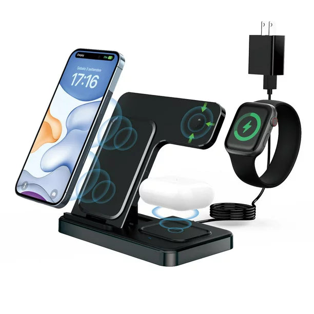 ifanze Wireless Charging Station, 3 in 1 Wireless Charger Stand, Fast Wireless Charging Dock for iPhone 14/13/12/11/Pro/X/Max/XS/XR/8/Plus, for Apple Watch7/6/5/4/3/2/SE, for Airpods 3/2/Pro, Black