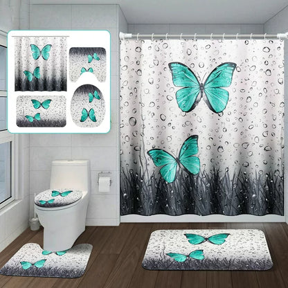 BSHAPPLUS 71x79in Shower Curtain with Large Rugs Set, 4Pcs Bathroom Sets, Waterproof Bath Curtain+12 Hooks, Toilet Lid Cover, U-Shape Rug and Bath Mat for Home Hotel Decor