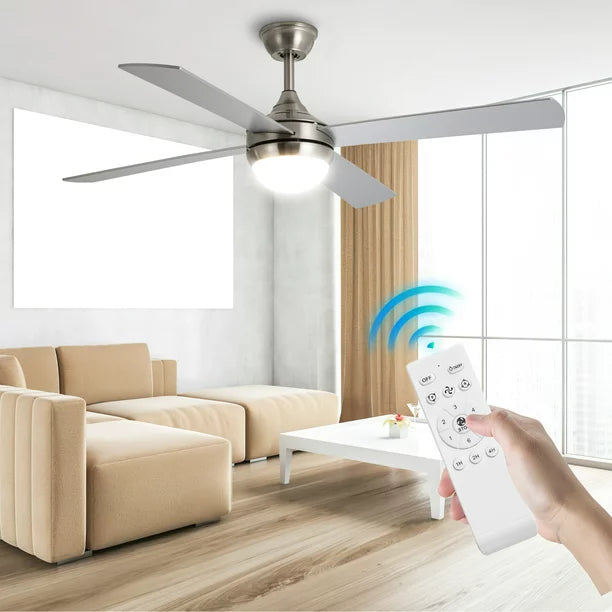52 inch Ceiling Fan with LED Lights and Remote Control, 6 Speed Reversible Motor, 3-Color Temperatures, 4-Blades, Brushed Nickel Ceiling Fan for Indoor