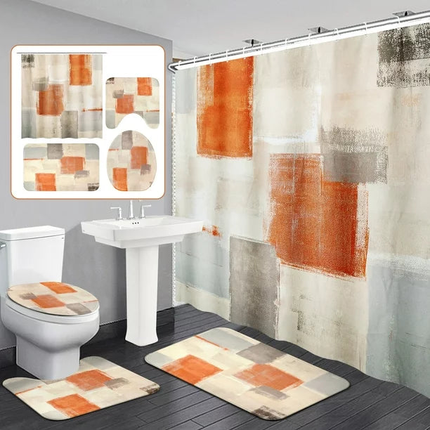 BSHAPPLUS 4Pcs Bathroom Sets, 71"x79" Waterproof Shower Curtains with 12 Hooks Large Bath Mat, Toilet Lid Cover and U-Shape Rugs for Home Hotel Decor