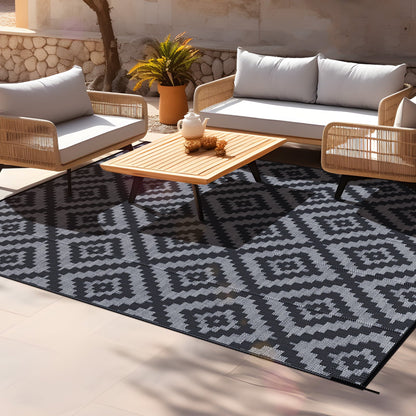 GOTGELIF 5x8 Outdoor Rug Waterproof Outdoor Area Rug Reversible Portable Outdoor Plastic Straw Rug Indoor Outdoor Carpet for Garden Porch RV Camping Mat Grey Black