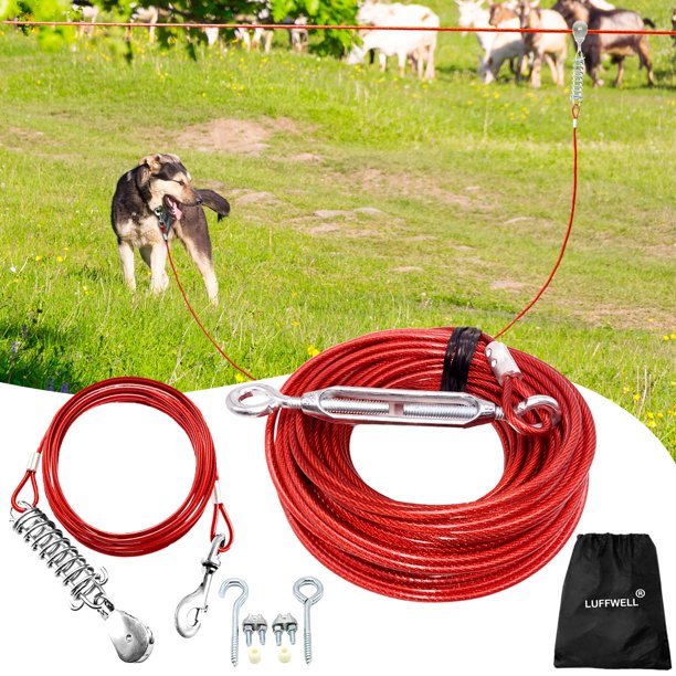 Dog Leads for Yard, Trolley Cable Tie Out for Dogs Zip Line 100 FT with 10 FT Pully Chain for Dogs Up to 125 Lbs, Outside Dog Leash Cable, Red
