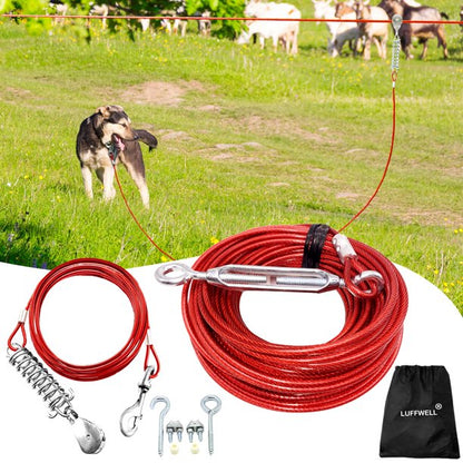 Dog Leads for Yard, Trolley Cable Tie Out for Dogs Zip Line 100 FT with 10 FT Pully Chain for Dogs Up to 125 Lbs, Outside Dog Leash Cable, Red