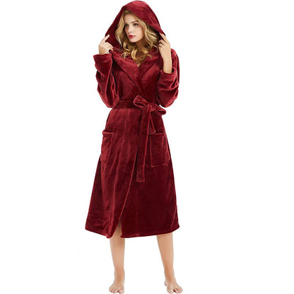 HEARTNICE Hooded Fleece Robe for Womens, Plush Bathrobe, House Coat, (Wine S-M)