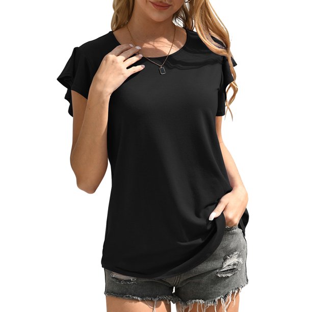 QINCAO Summer Tops for Women Solid Color Ruffle Short Sleeve Round Neck Tunic Tee Blouse for Women,XL(16-18)