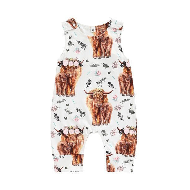 jaweiw Baby Girls Jumpsuit, Sleeveless Crew Neck Cow Flower Print Casual Romper for Summer