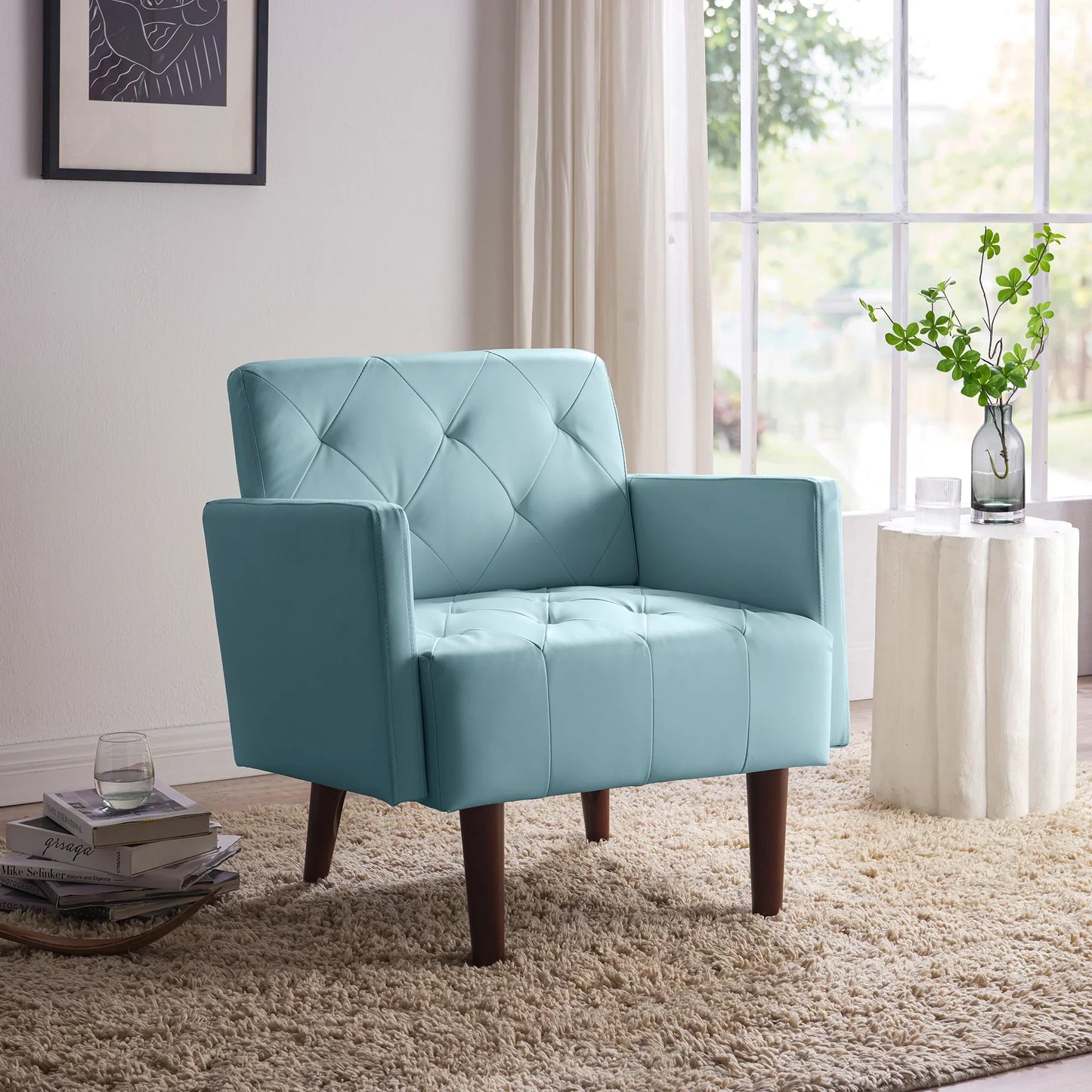 Kowilk PU Leather Accent Chair, Modern Single Sofa Chair for Living Room and Bedroom, Upholstered Lounge Armchair Chair with wood Legs（Blue）
