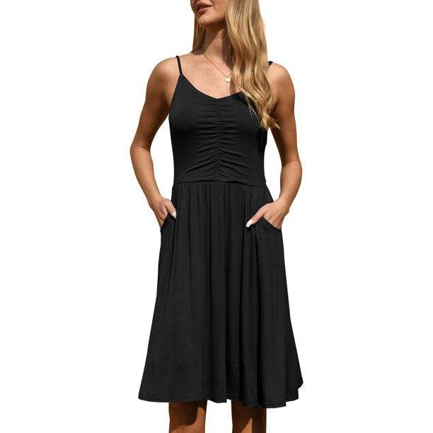 QINCAO Dresses for Women 2023 Sleeveless Summer Dress A Line Spaghetti Strap Sundresses with Pockets,L(12-14)