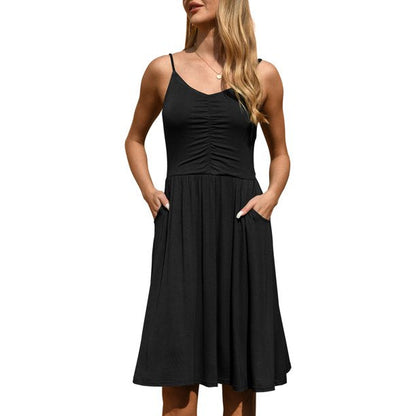 QINCAO Dresses for Women 2023 Sleeveless Summer Dress A Line Spaghetti Strap Sundresses with Pockets,L(12-14)
