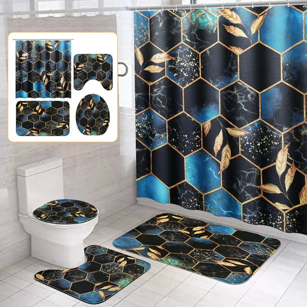 BSHAPPLUS 4Pcs Marble Shower Curtain Sets, 71"x79" Waterproof Bath Curtains with 12 Hooks, Non-Slip Rug, Toilet Lid Cover and U-shape Mat for Home Hotel Bathroom Decor