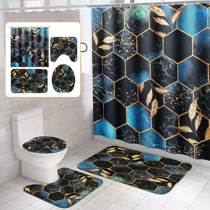 BSHAPPLUS 4Pcs Marble Shower Curtain Sets, 71"x79" Waterproof Bath Curtains with 12 Hooks, Non-Slip Rug, Toilet Lid Cover and U-shape Mat for Home Hotel Bathroom Decor
