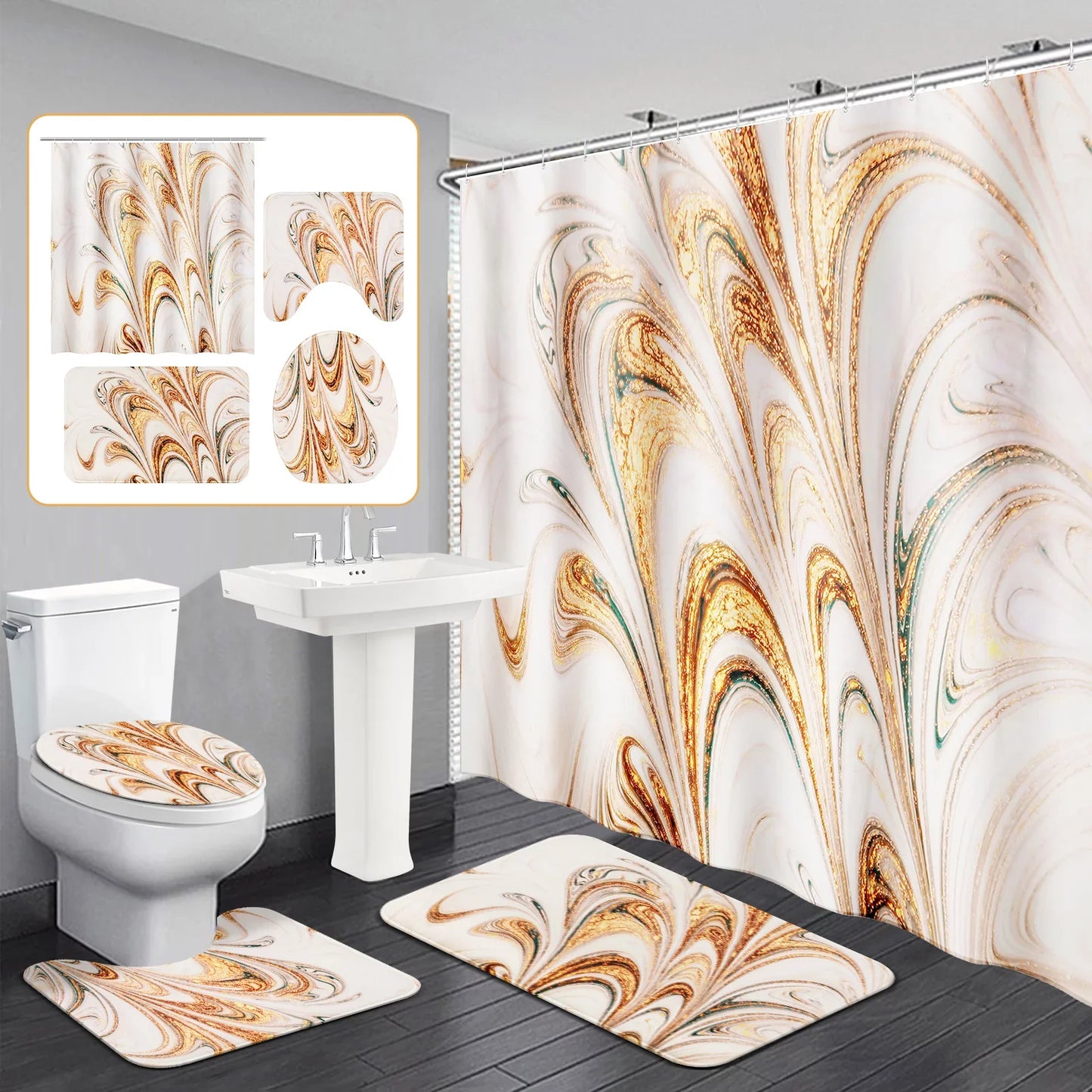 BSHAPPLUS 4PCS Bathroom Sets, 71"x79" Waterproof Shower Curtains with 12 Hooks, Large Bath Mat, Toilet Lid Cover and U-Shape Rug for Home Hotel Decor - Golden Marble