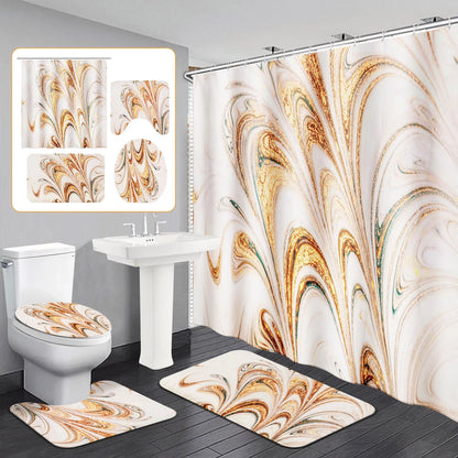 BSHAPPLUS 4PCS Bathroom Sets, 71"x79" Waterproof Shower Curtains with 12 Hooks, Large Bath Mat, Toilet Lid Cover and U-Shape Rug for Home Hotel Decor - Golden Marble