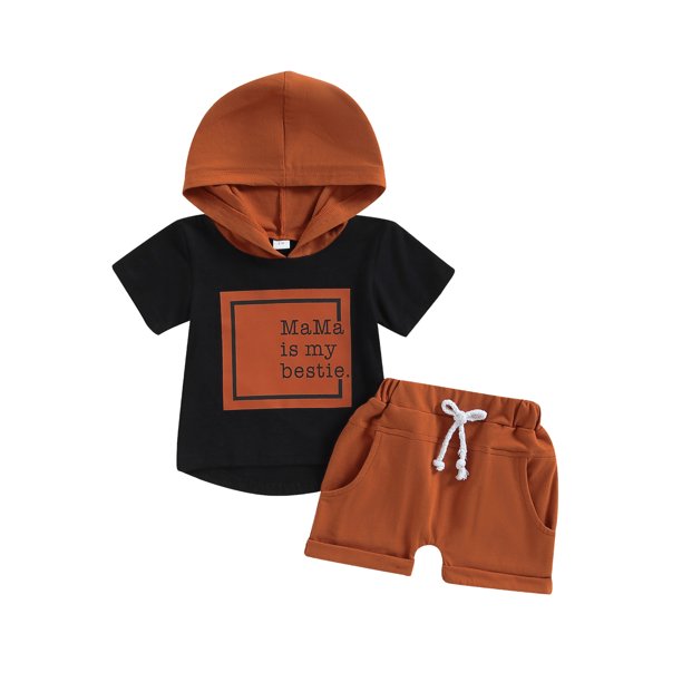 jaweiwi Infant Baby Summer Clothes for Boys 3M 6M 12M 18M 24M 3T Toddler Hooded Outfits Letter Print Contrast Color Short Sleeve Tops T shirt and Solid Color Shorts 2Pcs Suit