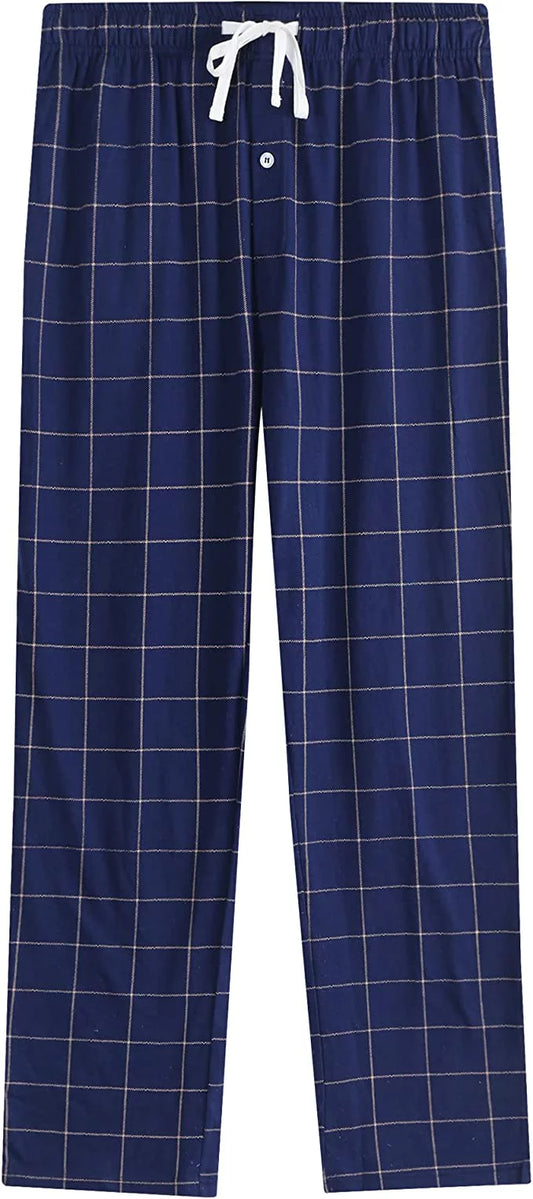 Vulcanodon Mens Cotton Pajama Pants, Lightweight Sleep Pants with Pockets Soft Lounge Pajama Pants for Men Plaid Pj Bottoms (Navy-plaid 01, Large)