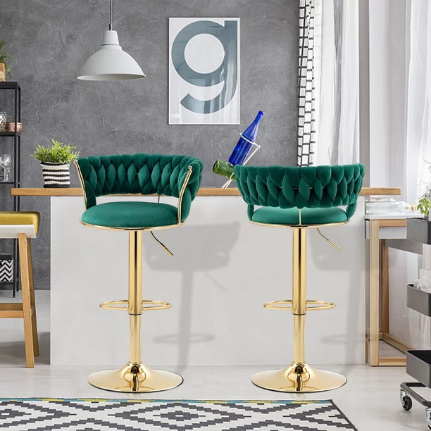 Kowilk Modern Swivel Bar Stool Set of 2, Velvet Bar Stool Height Adjustable Airlift with Backrest and Gold Footrest for Dining Room, Kitchen Island, Pub, Bar ( Emerald)