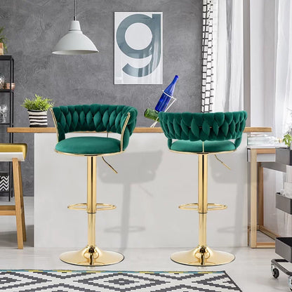 Kowilk Modern Swivel Bar Stool Set of 2, Velvet Bar Stool Height Adjustable Airlift with Backrest and Gold Footrest for Dining Room, Kitchen Island, Pub, Bar ( Emerald)