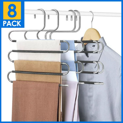 8 Pack Pants Hangers Space Saving, 5 Layers S-Shape Non-Slip Hangers, Greentro Stainless Steel Hangers for Pants Jeans Trousers Scarf Leggings Organizer for Closet