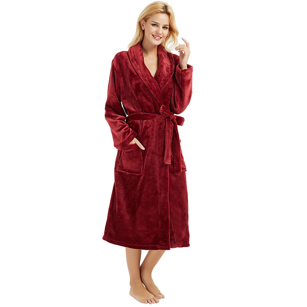 HEARTNICE Womens Fleece Robes, Long Bathrobe House Coat, Thick Kimono Robes, (Wine S-M)