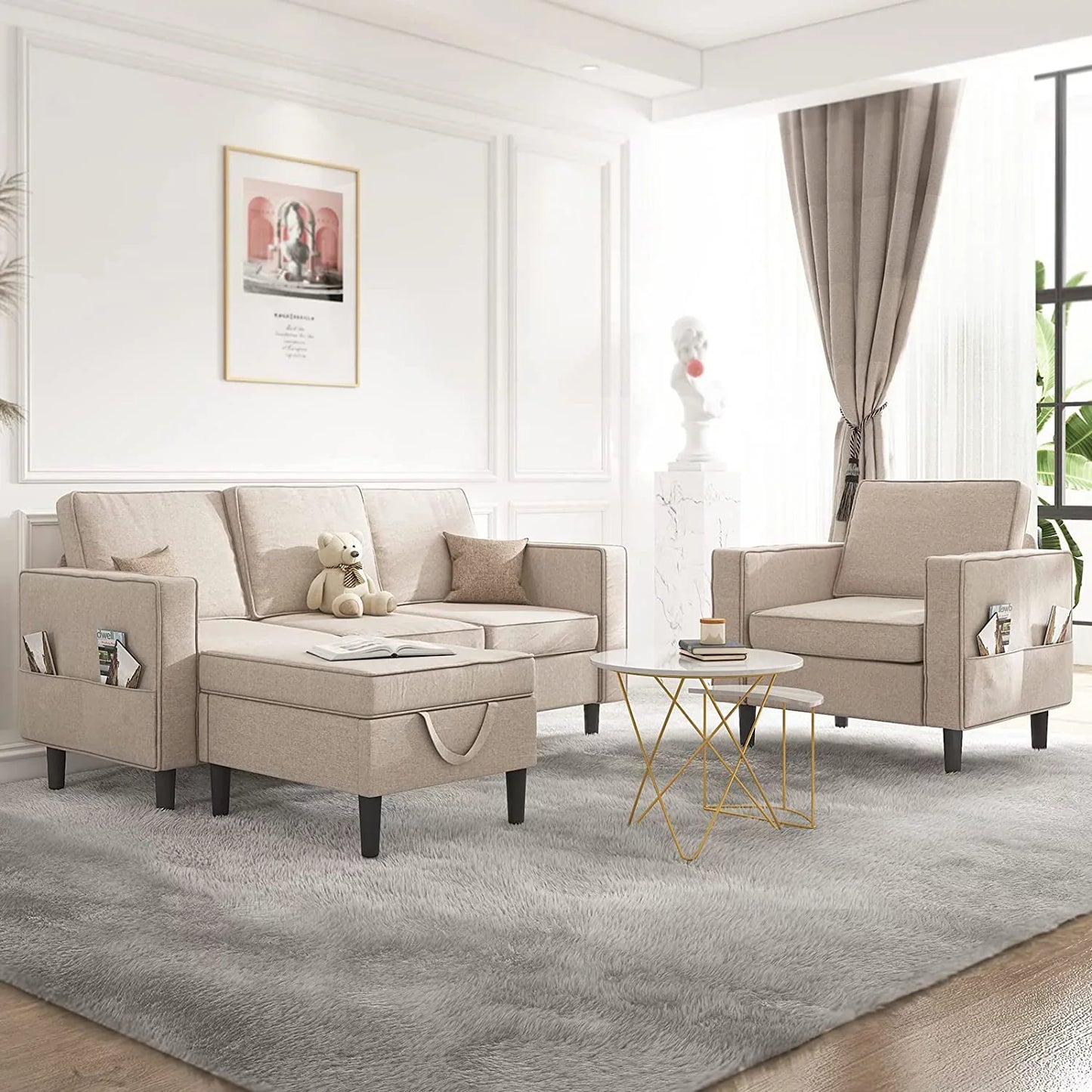 Mjkone Convertible Sectional Sofa Couch with Storage Ottoman, 3 Pcs Couch Set with Storage Pockets, Sectional Couches for Living Room, 3-Seater + Ottoman+ 1-Seater (Beige)