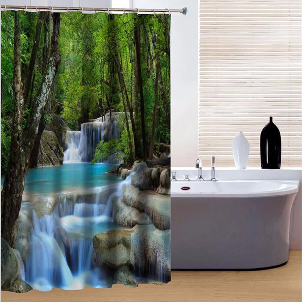 Waterproof Bathroom Shower Curtain Forest Waterfall Rocks Pattern with 12 Hooks Home Decor Art Decor 78 x 70 Inch