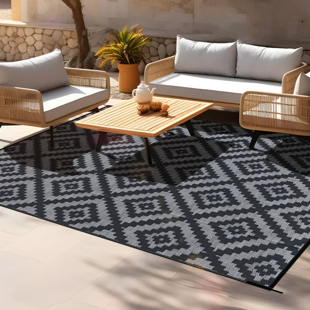 GOTGELIF Outdoor Rug 6x9 Waterproof Outdoor Area Rug Reversible Portable Outdoor Plastic Straw Rug Indoor Outdoor Carpet for Garden Porch RV Camping Mat Grey Black