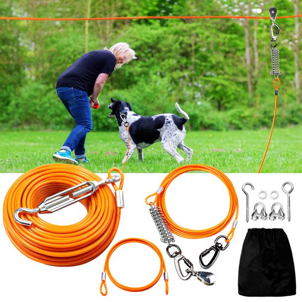 Dog Tie Out Runner for Yard, 75ft Dog Trolley Runner Cable for Dogs up to 250lbs, Dog Lead for Yard, Camping, with 15FT Dog Runner Line, Orange