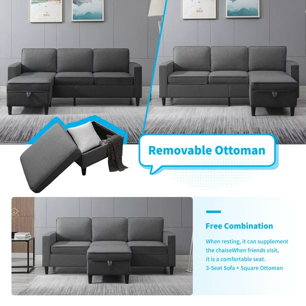 Mjkone L-Shaped Sectional Couch with Storage Ottoman, Couches for Living Room, Living Room Furniture Suitable for Small Space-Apartment/Upstairs Loft/Living Room (Dark Gray)