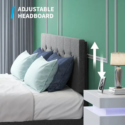 Mjkone Platform Bed Frame with 4 Storage Drawers, Upholstered King Size Bed Frame with Square Button Tufted Adjustable Headboard, Wood Slat Support/ No Box Spring Needed/ No Mattress (King, Dark Grey)