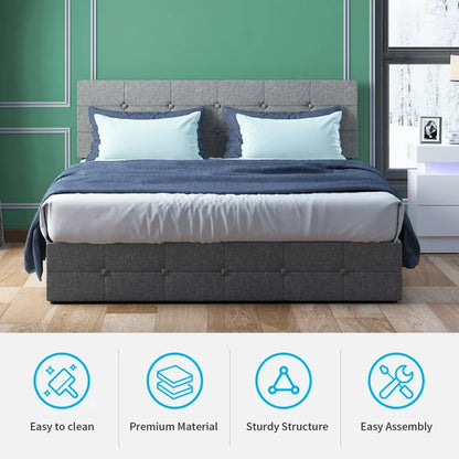 Mjkone Platform Bed Frame with 4 Storage Drawers, Upholstered King Size Bed Frame with Square Button Tufted Adjustable Headboard, Wood Slat Support/ No Box Spring Needed/ No Mattress (King, Dark Grey)