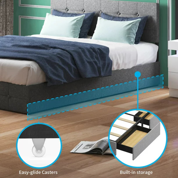 Mjkone Platform Bed Frame with 4 Storage Drawers, Upholstered King Size Bed Frame with Square Button Tufted Adjustable Headboard, Wood Slat Support/ No Box Spring Needed/ No Mattress (King, Dark Grey)
