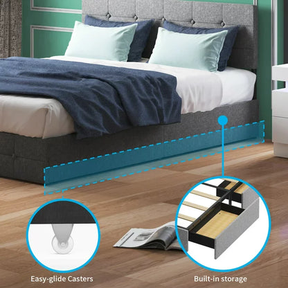Mjkone Platform Bed Frame with 4 Storage Drawers, Upholstered King Size Bed Frame with Square Button Tufted Adjustable Headboard, Wood Slat Support/ No Box Spring Needed/ No Mattress (King, Dark Grey)
