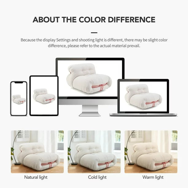Mid Century Floor Chair Bean Bag Chair Modern Single Sofa Upholstered Fireside Chair for Living Room Bedroom Home Office White