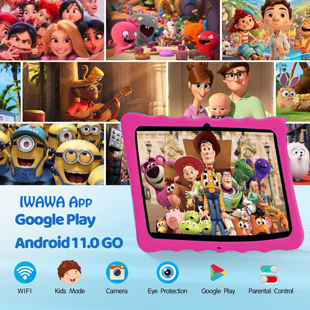 10.1 inch Kids Tablet, 32GB Storage WiFi Android 11 Tablet for Kids, HD Touch Screen, Parental Control, Learning Tablet with IWAWA Application, Children's Tablet with Pink Case